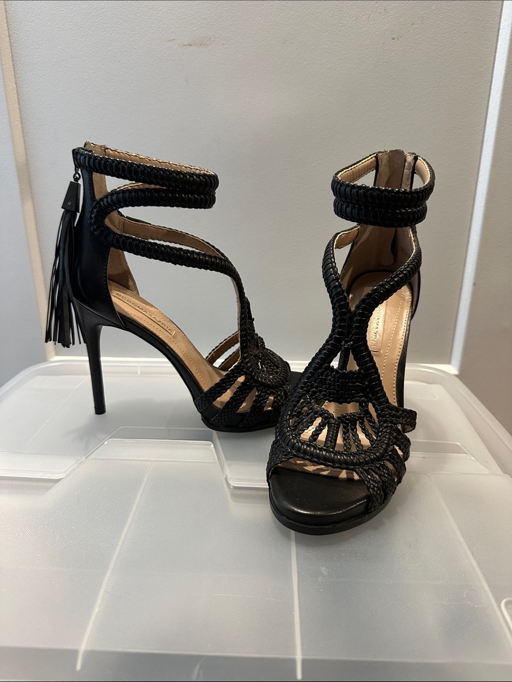 BCBGMaxAzria Black Braided Ankle-Wrap Stiletto Sandals